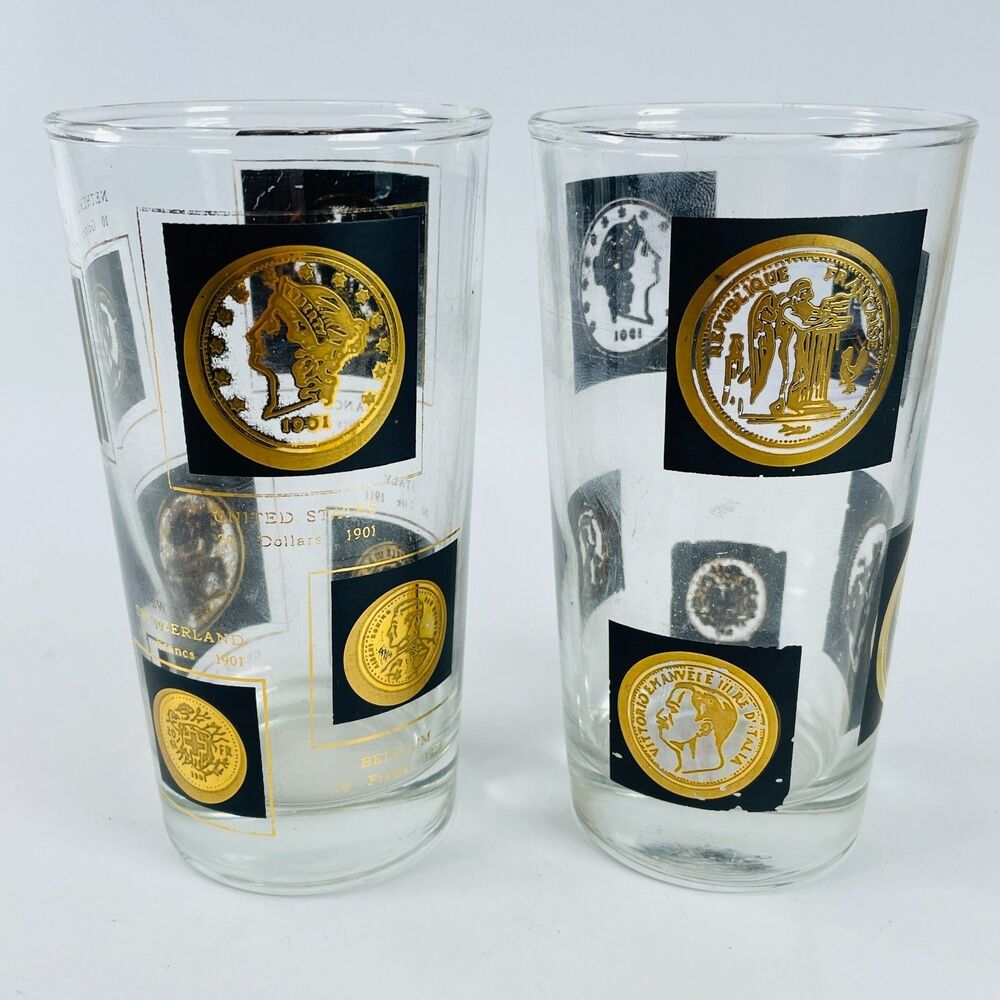 Vtg Cera Highball Glasses Coins Around the World Black Gold MCM Barware Set 2